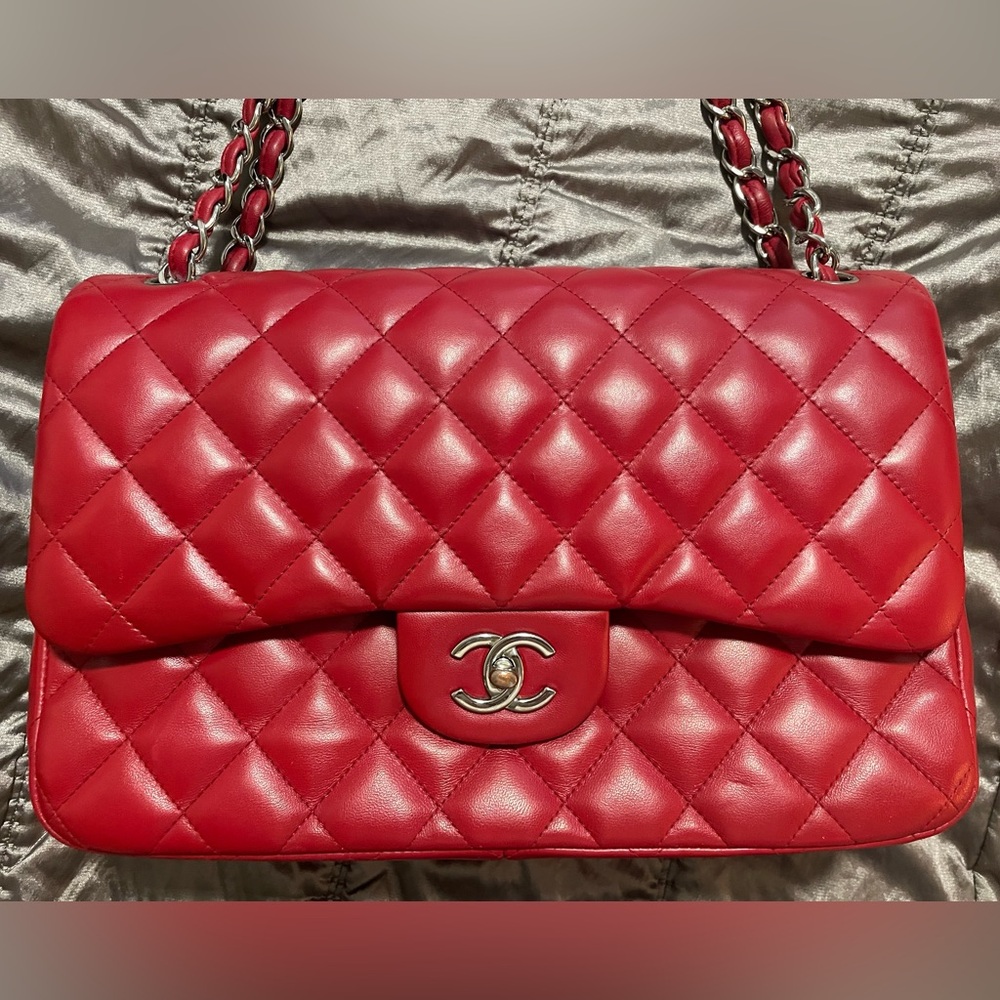 Authentic CHANEL Lipstick Red Leather Jumbo Double Flap Bag SHW RARE - Picture 12 of 12
